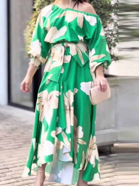 

casual dresses floral print summer dress women diagonal collar maxi dress elegant fashion evening party dress female lantern sleeve long dre, Black;gray