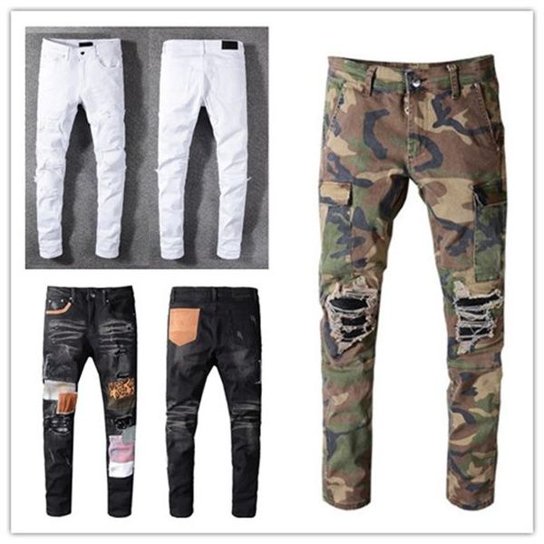 

jeans for men designer jeans skinny biker white long rip ripped rips fashion slim fit straight distressed hole motorcycle male stretch, Blue