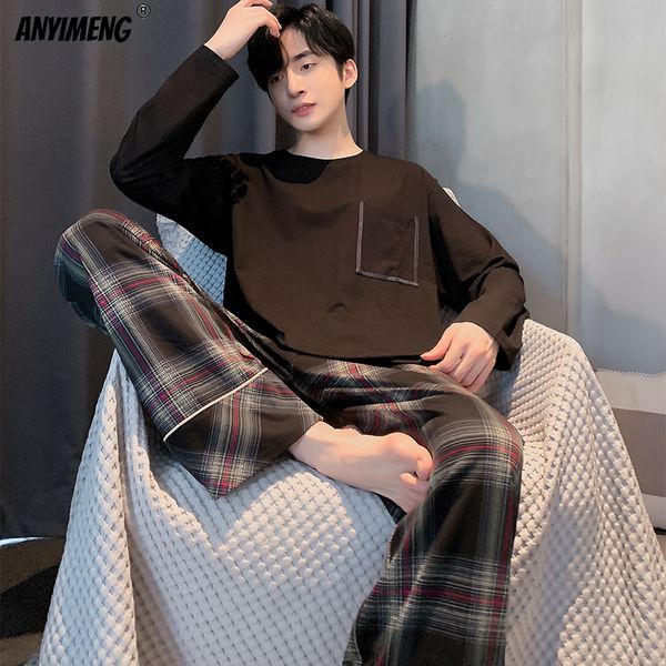 

men's sleepwear fashion sleepwear young man's pajama set black plaid cool stylish korean pijamas long sleeved autumn winter leisur, Black;brown