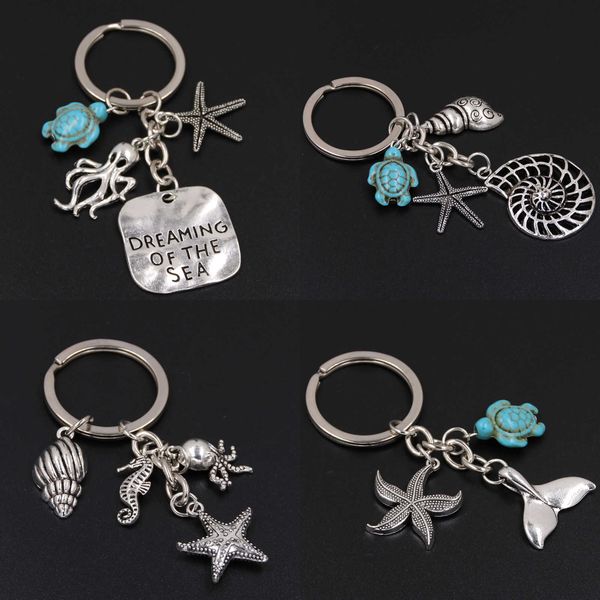 

key rings 1pc dreaming of the sea keychains shell charms with starfish shell pendant fish tail keyring blue turtle beach jewelry r230311, Slivery;golden