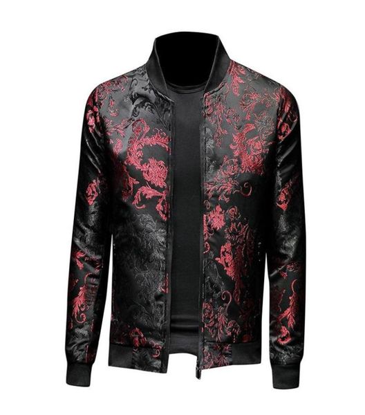 

fashion floral embroidery flower stylish bomber jacket men zipper pocket outerwear coat male slim fit veste6213603, Black;brown