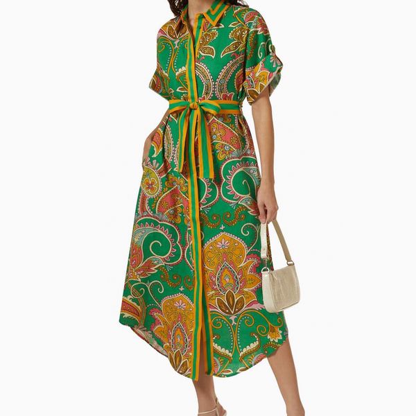 

australian designer dress green floral print short sleeved midi shirt dress, Black;gray