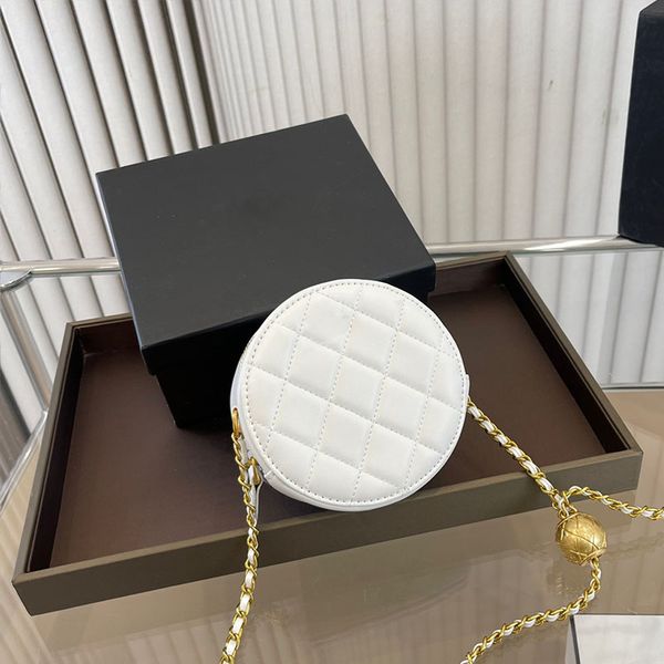 

womens trendy mini round circle box bags crush pearl gold ball metal hardware matelasse chain 5 colors crossbody shoulder handbags designer