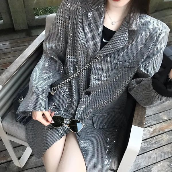 

women's suits blazers korean women houndstooth sequin blazers loose casual notched collar long sleeve single-breasted office lady femal, White;black