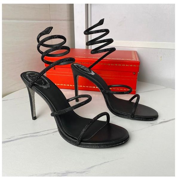 

rhinestone snake strass stiletto sandals rene caovilla cleo 95mm evening shoes women's high heels ankle wraparound luxury designer fact, Black
