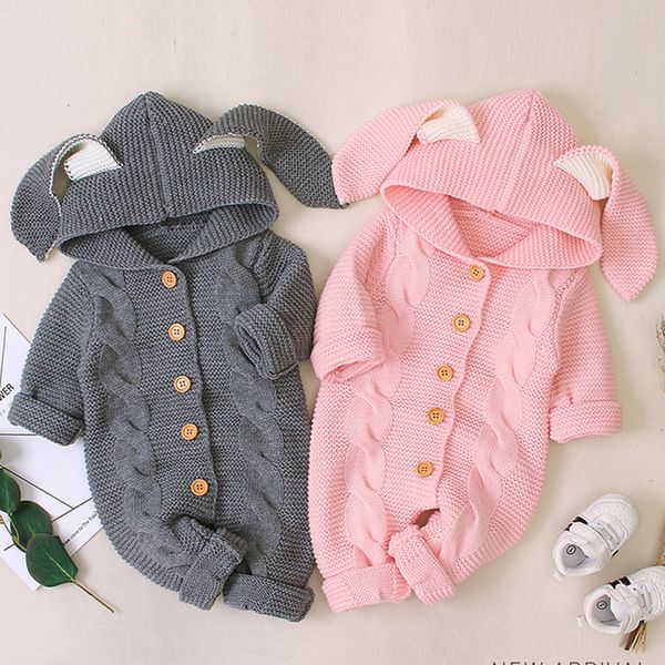 

rompers infant baby boys girls rabbit ears hooded rompers clothes children baby boy girl kids knitting long sleeve rompers 230311, Blue