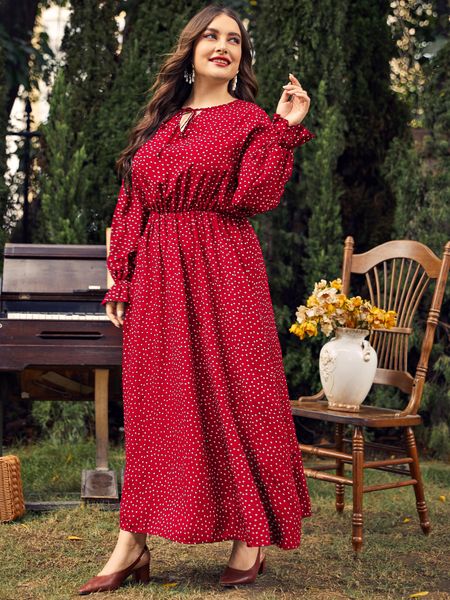 

plus size dresses elegant womens dot print long sleeve size midi casual lace up ruffles beach party ladies in offer autumn 230311, Black