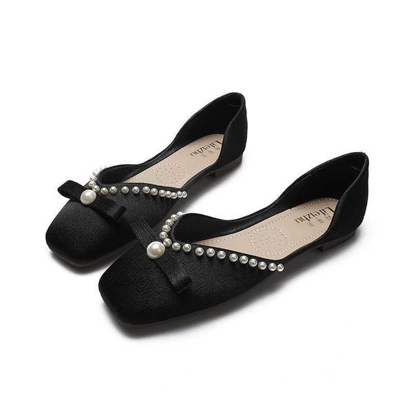 

dress shoes size big 4043 pearl bowknot ballet flats woman sandals loafers shoes women cut out square toe satin moccasins femme j230310, Black