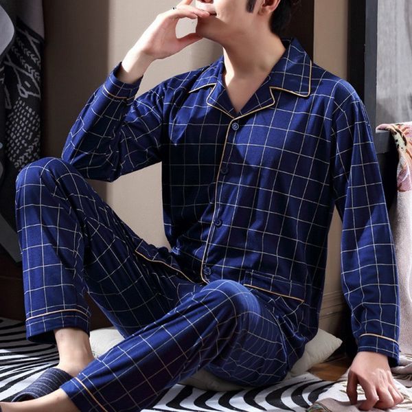 

men's sleepwear 2pcs cotton men pajama set full sleeve nightwear solid intimate sleepwear long pant button pyjama suit casual homewear, Black;brown