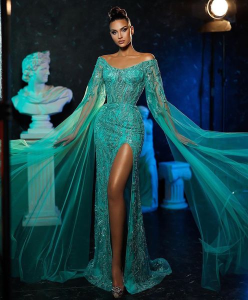 

green mermaid prom dresses long sleeves v neck capes appliques sequins floor length celebrity lace hollow side slit evening dress bridal gow, Black