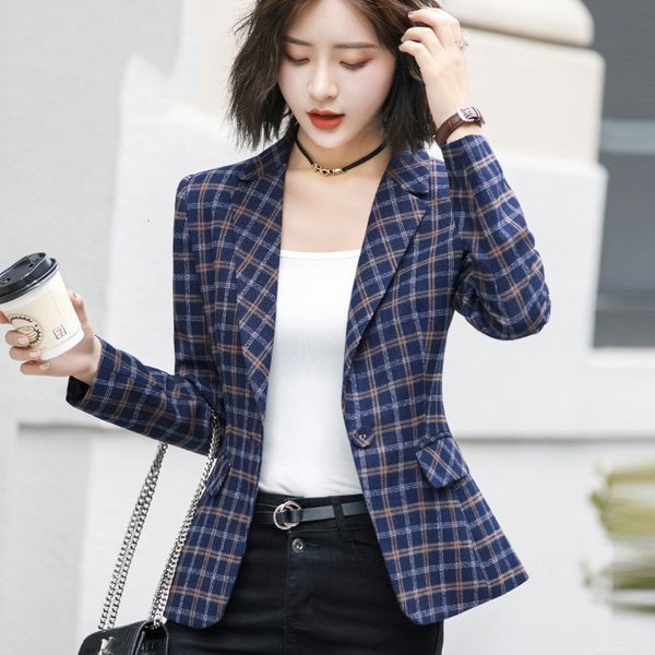 

women's suits blazers high-quality plaid jacket vintage plaid with pocket office lady casual style blazer women wear single button suit, White;black