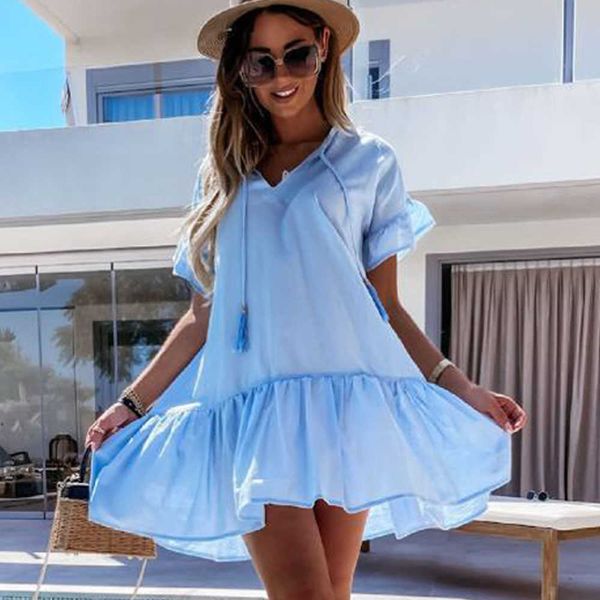 

casual dresses women summer mini dress fashion v-neck lace up casual loose ruffle short sleeve dresses for women 2021 robe femme white g2303, Black;gray
