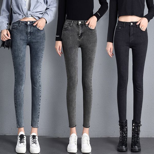 

women's jeans women's high waist solid color stretch skinny jeans trousers fashion female washed black gray slim mom pencil jean d, Blue
