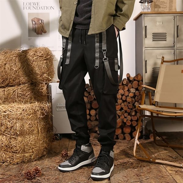 

mens pants men contrast tape flap pocket drawstring waist cargo 230310, Black