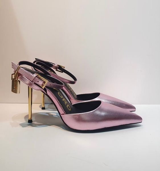 

famous brand padlock pointy sandals shoes naked women slingback summer tomfords lady high-heeled party wedding pointed toe pumps eu35-43, Black