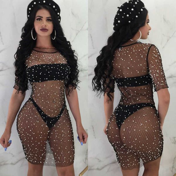 

women's swimwear hirigin women mesh beach bathing suit patchwork see through bikini cover up dress y230311, White;black