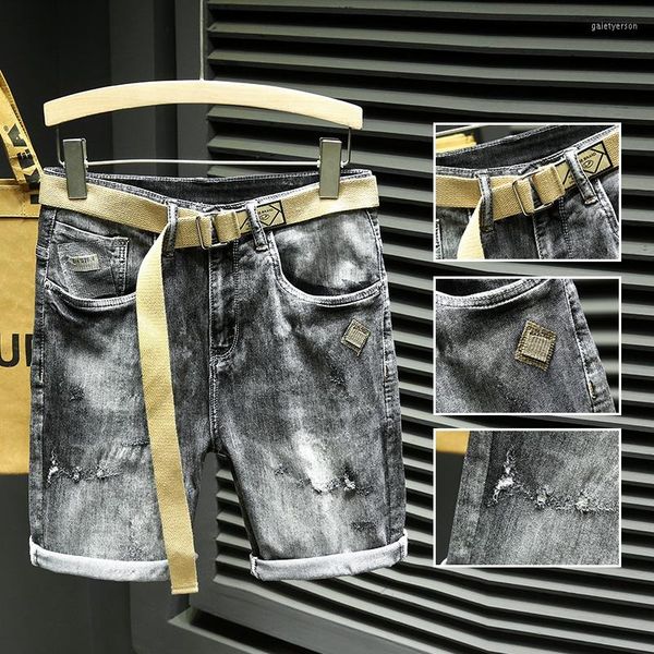 

men's jeans trendy brand denim shorts summer 2023 embroidered straight slim belt moustache effect pants, Blue