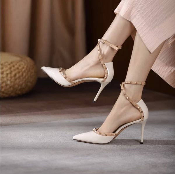 

brand women wedding shoes high heel rivets sandals thin heel pointed toes 10cm super high women sandal 35-40, Black