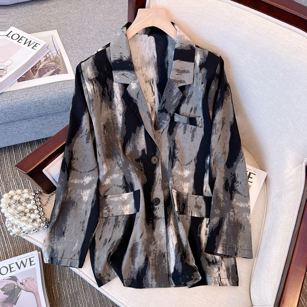 

women's jackets tiedye suit coat women's spring and autumn korean fashion ins retro chic elegant ink painting printed loose casual, Black;brown