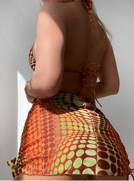 

monokinis designer luxury 2023 new irregular polka dot print pleated tight-fitting lace up bikini three-piece set, Black