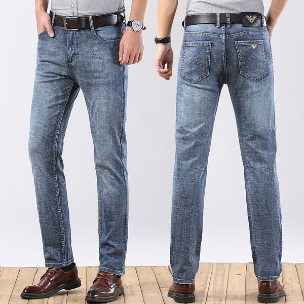 

men's thin jeans mens loose straight mid waist youth casual pants tfu, Blue