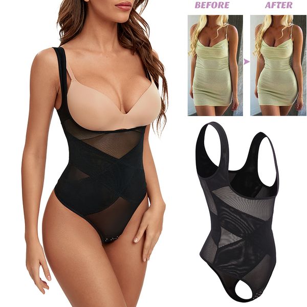 

women s shapers mesh thongs bodysuit shapewear women seamless full body shaper waist slim tummy control underwear flat belly underbust corse, Black;white