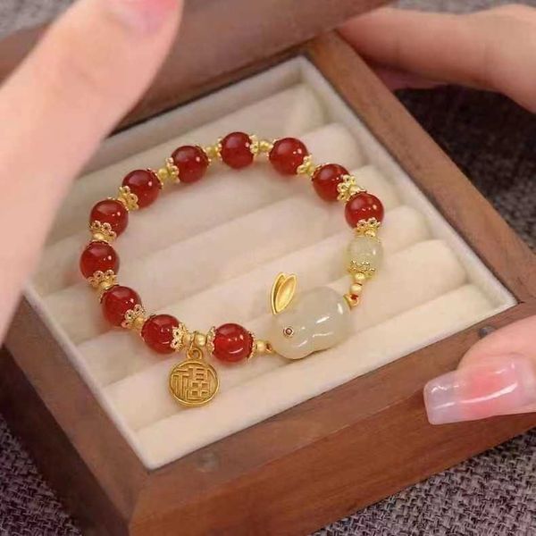 

s tiktok the same summer new acacia beans jade women's small design rabbit versatile bracelet, Black