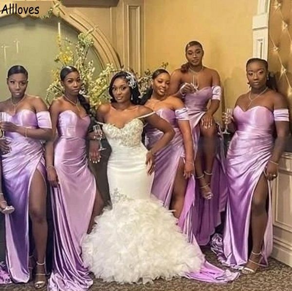 

lilac afircan girls bridesmaid dresses sweetheart off shoulder plus size maid of honor gowns split long mermaid young girl wedding guest par, White;pink