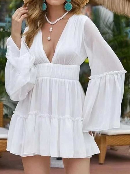 

casual dresses summer deep v-neck dress women chiffon ruffles short dress casual flare sleeve mini dress female elegant solid party dress g2, Black;gray