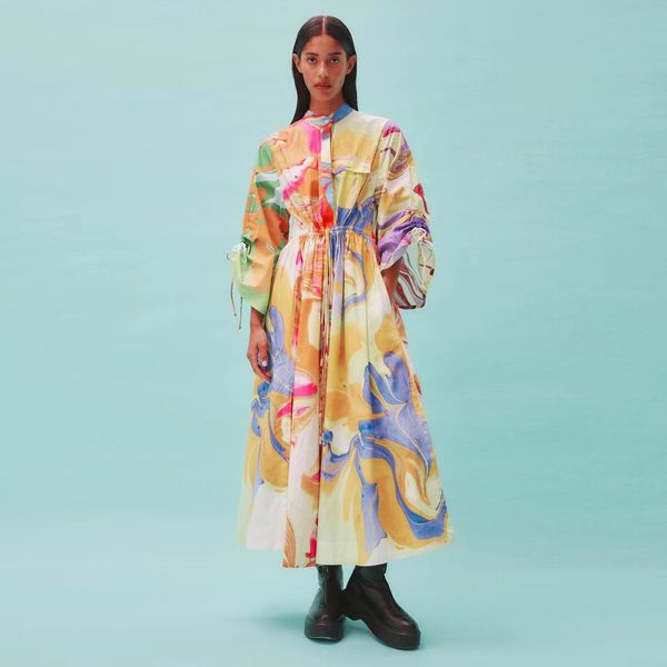 

australian designer dress artistic graffiti print waist and sleeves drawstring long sleeved dress, Black;gray