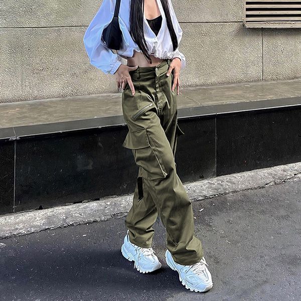 

women s pants s retro fashion multi pocket woven sweatpant y2k street hip hop strap loose slim casual pants high waist straight workwear 230, Black;white
