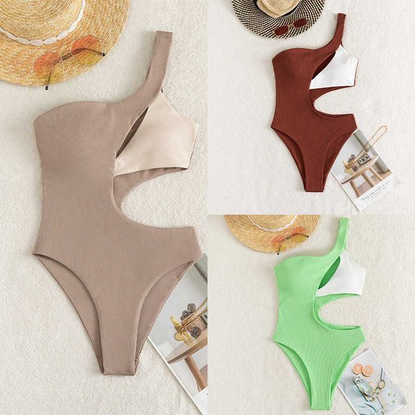 

monokinis designer luxury 2023 solid color one-shoulder swimsuit cut-out one-piece bikini woman, Black