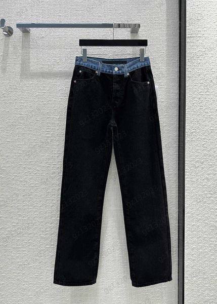 

fashion jeans stitching back waist letter embroidery straight retro style trousers imported denim fabric high waist slim pants jeans for wom, Blue