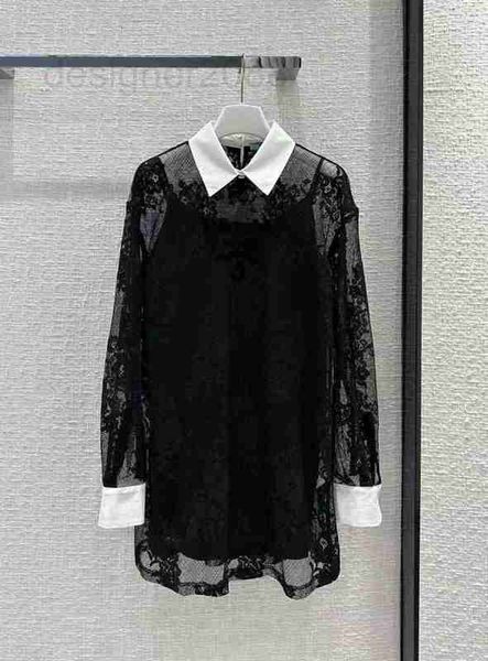 

runway dresses designer milan dresses 2023 new spring summer lapel neck long sleeve lace women's dress brand same style skirts 2b1o, Black
