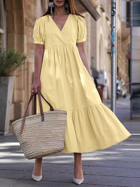 

casual dresses casual summer dress women loose v-neck long dress short sleeve elegant a-line dresses female vintage solid large wing dress g, Black;gray