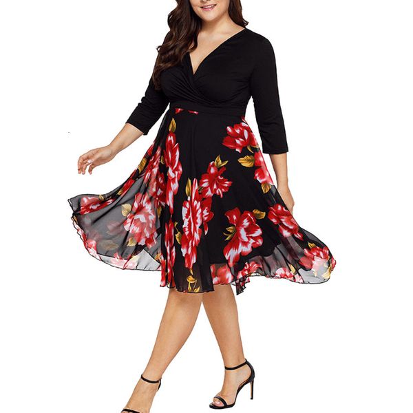 

plus size dresses elegant women flowers spliced deep v ruched long sleeve size midi dress vestidos de mujer elegantes para fiesta 8xl 230311, Black