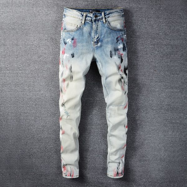 

2023 tikmens jeans distressed motorcycle biker jean rock skinny slim ripped hole stripe fashionable snake embroidery denim pant 81, Blue
