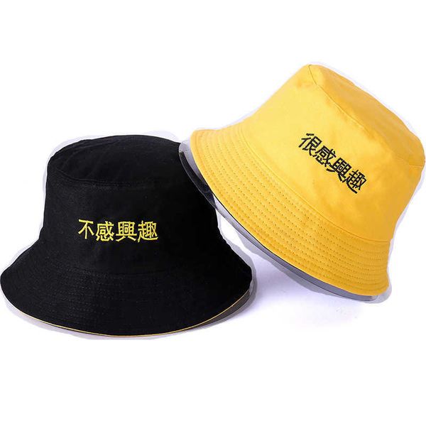 

wide brim hats harajuku bucket hat two side blk yellow fishing outdoor sunhats chinese letter summer for fisherman hat women 2019 new p23031, Blue;gray