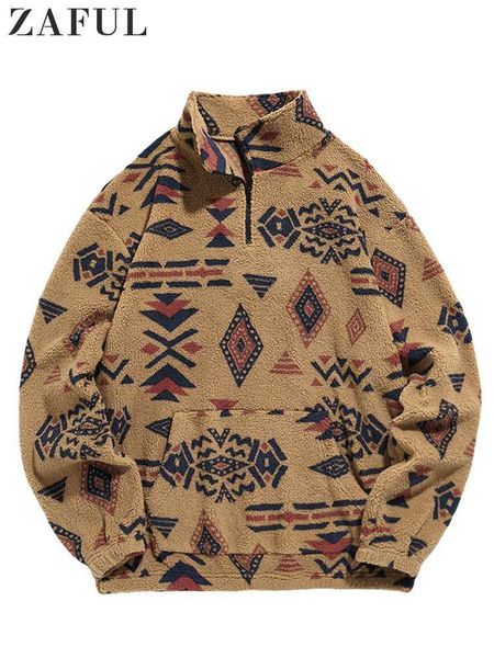 

men's hoodies sweatshirts hoodie for men fuzzy faux sherpa zipper sweatshirts ethnic print fluffy streetwear pullover fall winter turtl, Black