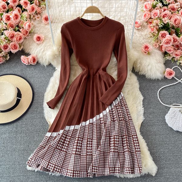 

vestidos de mujer casual dresses elegant o neck long sleeve knit robe femme plaid contrast color patchwork pleated party dresses 2023, Black;gray