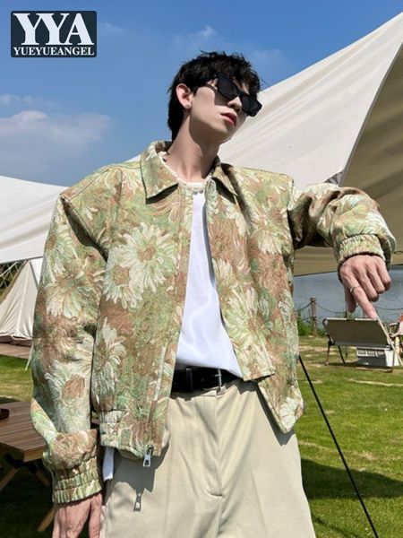 

men's jackets korean style mens floral vintage harajuku cargo short coat zipper spring autumn outerwear long sleeve loose casual 230311, Black;brown