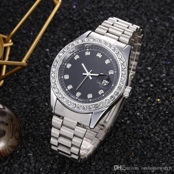 

relogio masculino diamond mens watch fashion black dial calendar gold bracelet folding clasp master male gifts347s, Slivery;brown