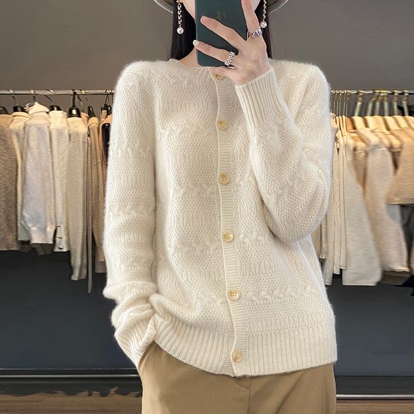 

women's knits tees spring and autumn cardigan 100 pure cashmere sweater solid color round neck shirt loose comfortable 230311, White