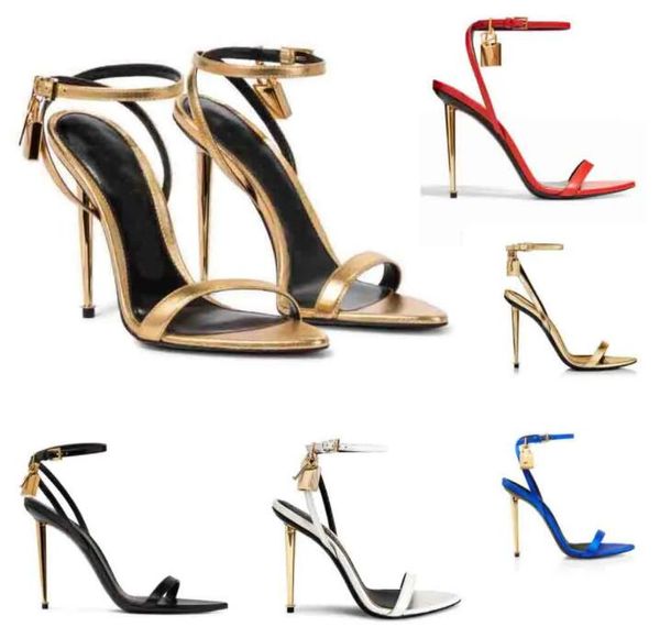 

luxury sandal woman sandals high heels tom-f-sandal shiny genuine leather padlock pointy toe naked sandalies 105mm gold heels ankle strap wi, Black