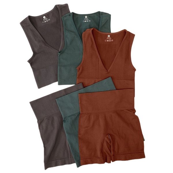 

bras sets sport rib bra set women fitness seamless underwear high waist shorts female lingerie bralette deep v sportwear 230311, Red;black