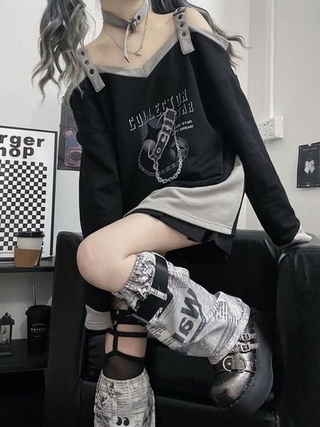 

women's hoodies sweatshirts deeptown y2k letter printed sweatshirt off shoulder graphic pullover goth loose long sleeve black aesthetic