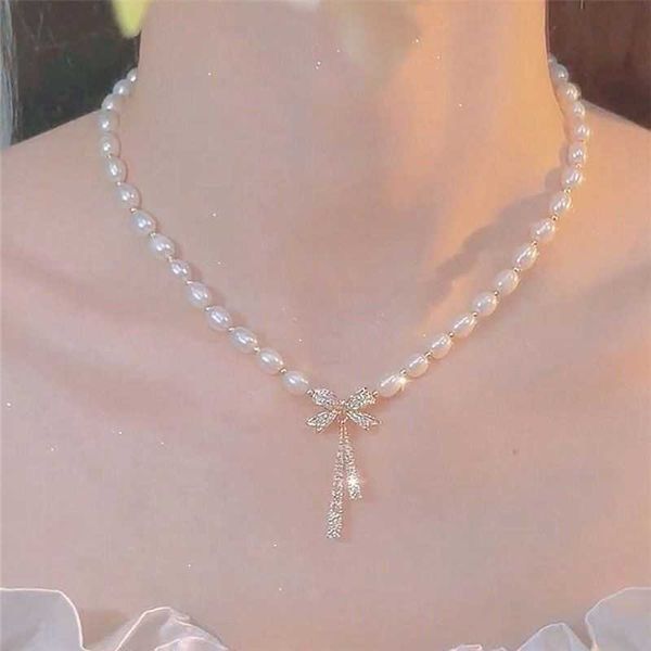 

pearl necklace bowknot women's new year fashion light luxury design feeling net red temperament collar chain neckchain, Silver