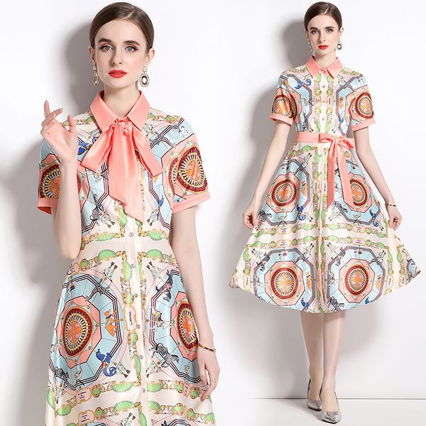 

summer women's print belted midi shirtdress short sleeve 2023 fashion designer lapel ribbon lace up bow button front slim flare hem dre, Black;gray