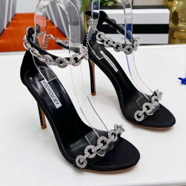 

embellished rhinestone sandals crystal aquazzura pvc high-heeled shoes with .5cm shaft exposed heels luxurys designer dress evening shoes, Black