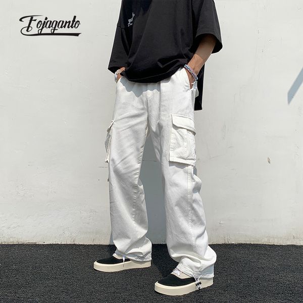 

men's pants fojaganto spring cargo korean solid color multipockets straight hip hop street casual loose trousers male 230311, Black